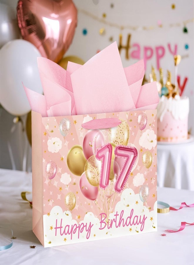 WRAPAHOLIC 13" 17th Birthday Gift Bags with Tissue Paper - 17 Year Old - Pink Gold Balloon Paper Bags for Girls Birthday Keepsake Party - Image 4